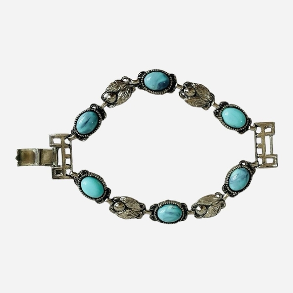 7.5" Vintage Double Layered Turquoise Silver Tone Panel Link Cuff Bracelet - Picture 3 of 6